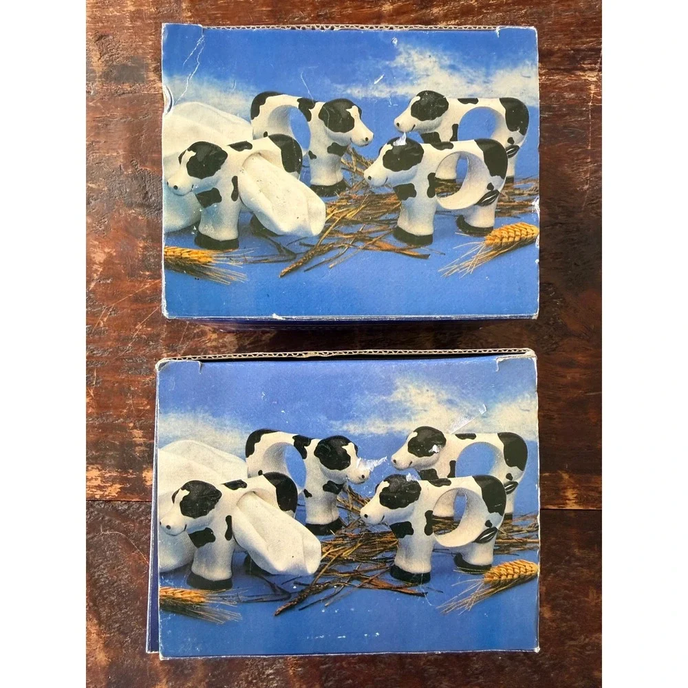 Boston Warehouse Cow Napkin Rings Set of 8 Ceramic Farmcore 1993 4in Black White